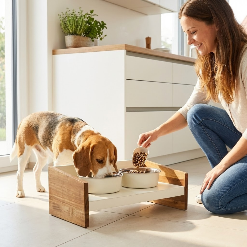Pet Feeder with Wooden Side Panel
