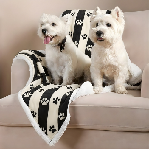Black & Cream Striped Paw Print Blanket