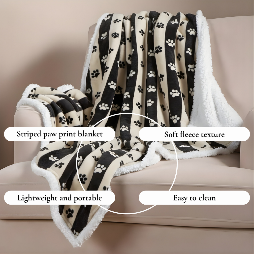 Black & Cream Striped Paw Print Blanket