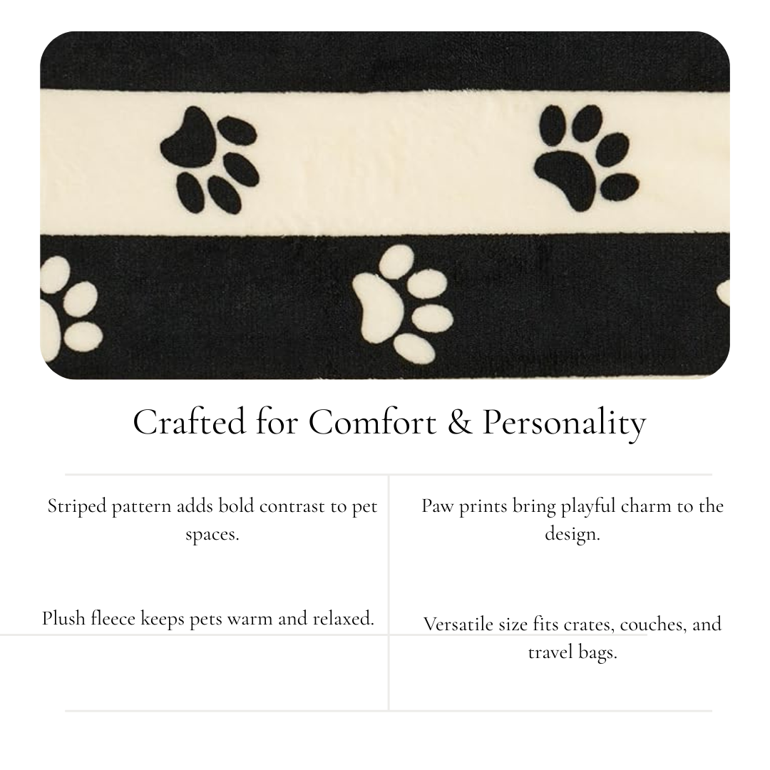 Black & Cream Striped Paw Print Blanket