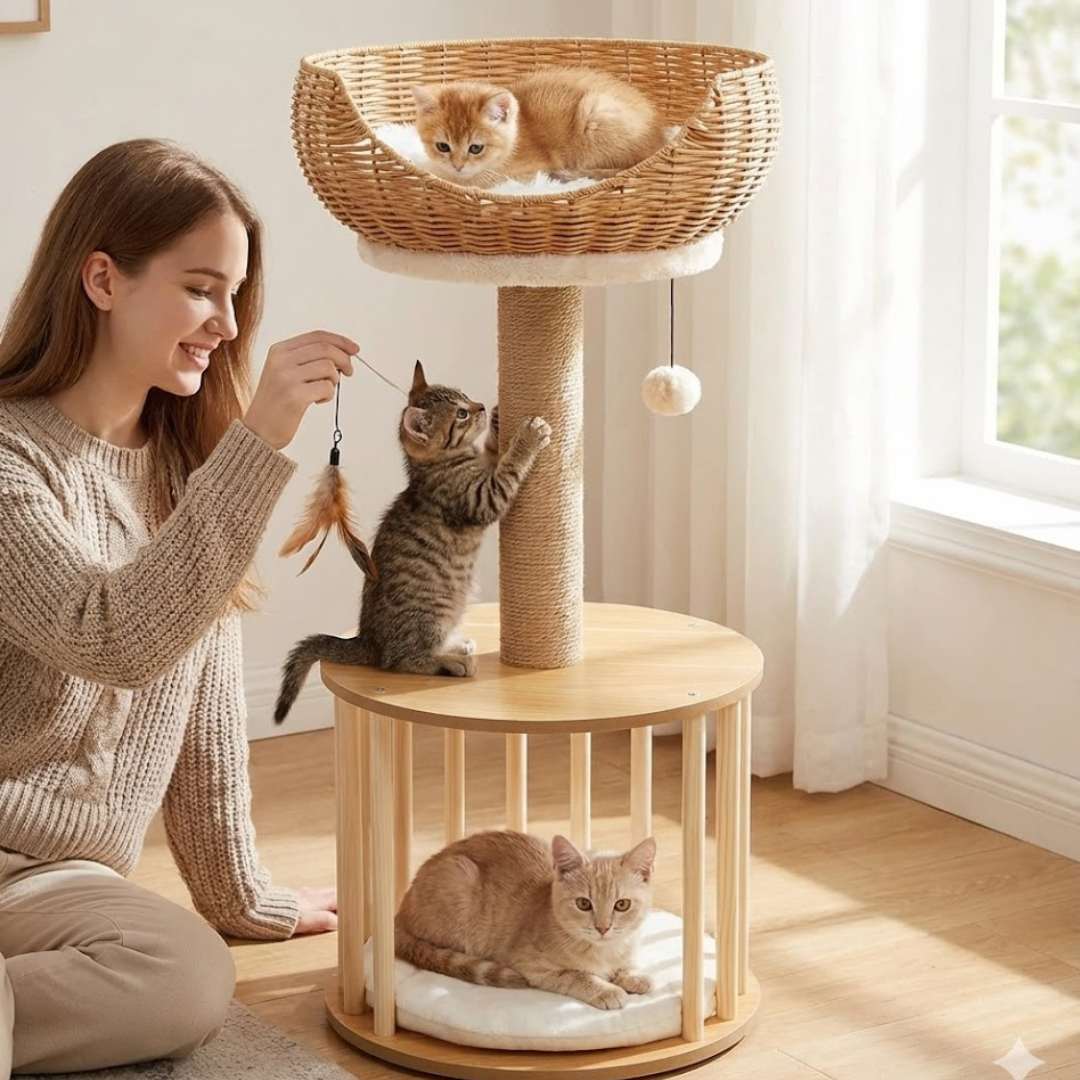 Multi-Level Wooden Cat Tower